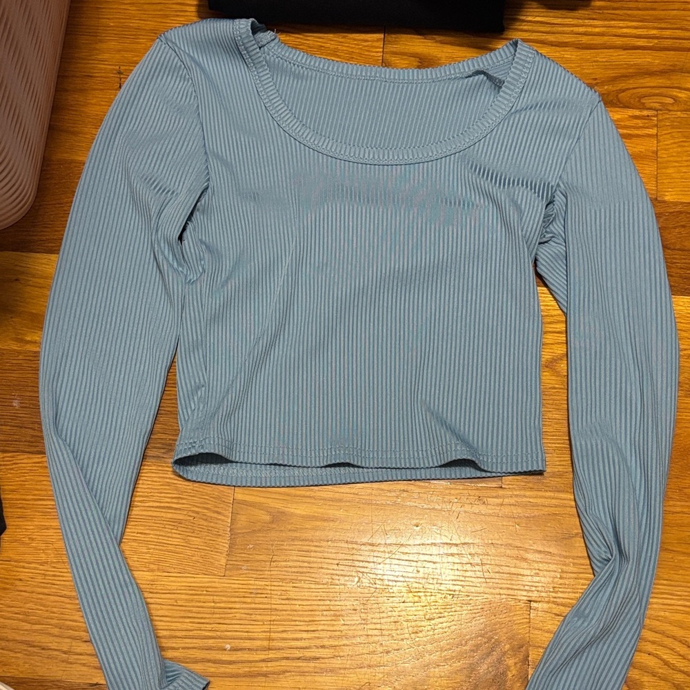 Blue Ribbed Long Sleeve Top